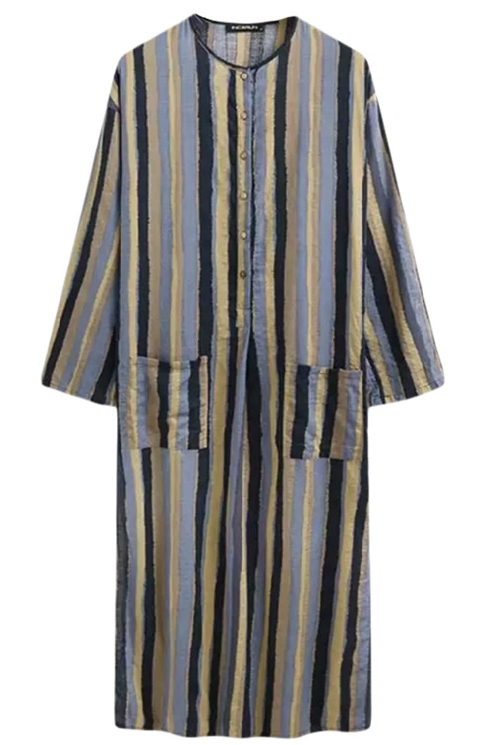 Hotmiss Men's Striped Robe Button Up Long Sleeve Kaftan Thobe Splits Long Gown Casual Shirt, Black, Large