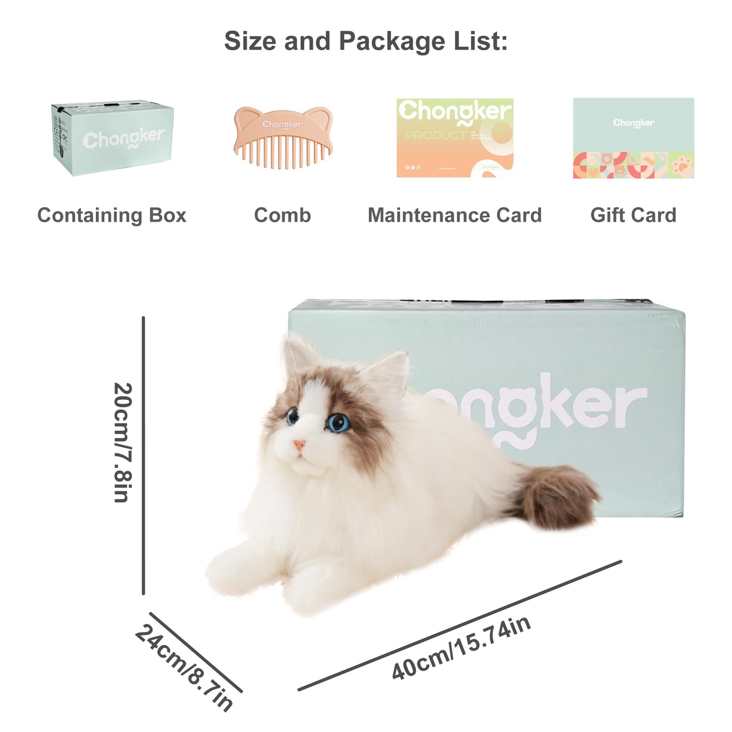 Chongker Stuffed Animals Plush Toy Cat, Real Size, Handmade, Gift for Kid, Women