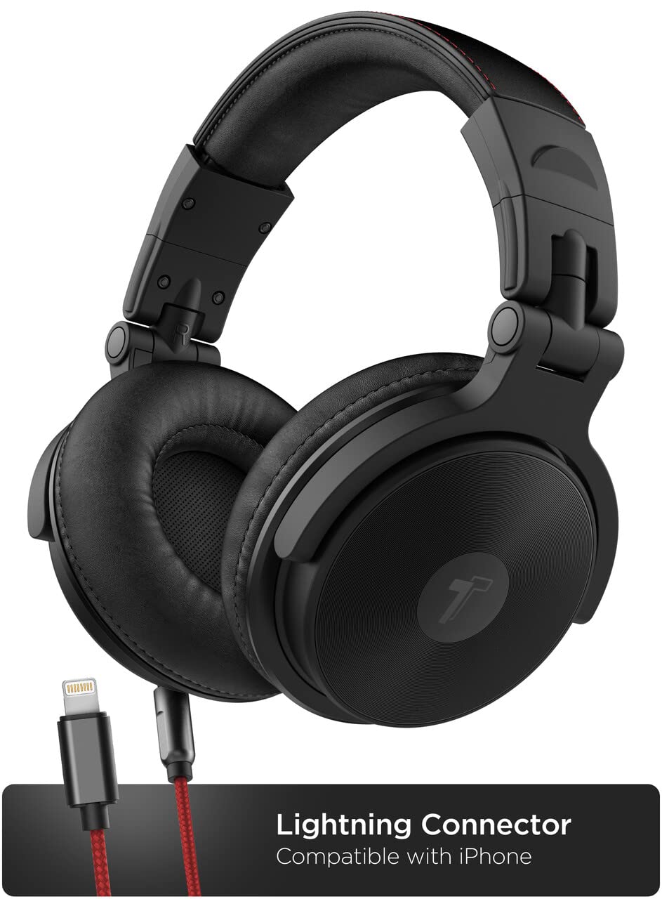 Thore Over Ear iPhone Headphones with Lightning Connector (Apple MFi Certified) - Closed Back Studio DJ Monitor Earphones (50mm Neodymium Drivers) (V200 Black/Red)