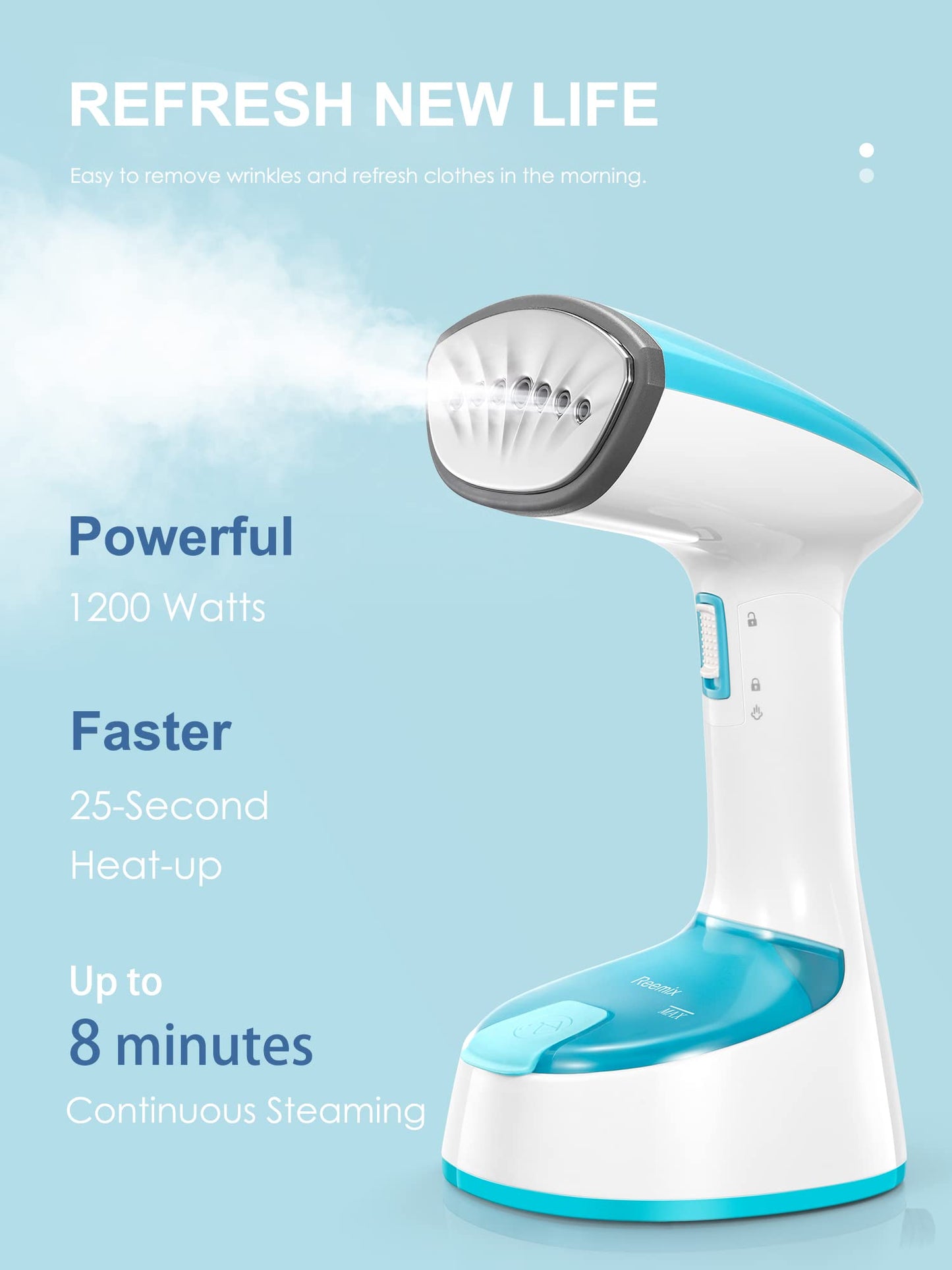 Reemix Steamer for Clothes, 1200W Foldable Clothes Steamer, Handheld Garment Steamer, Fast Heat-up, Auto-Off, Steam Iron for Fabric Wrinkle Remover with Brush (Crystal Blue)