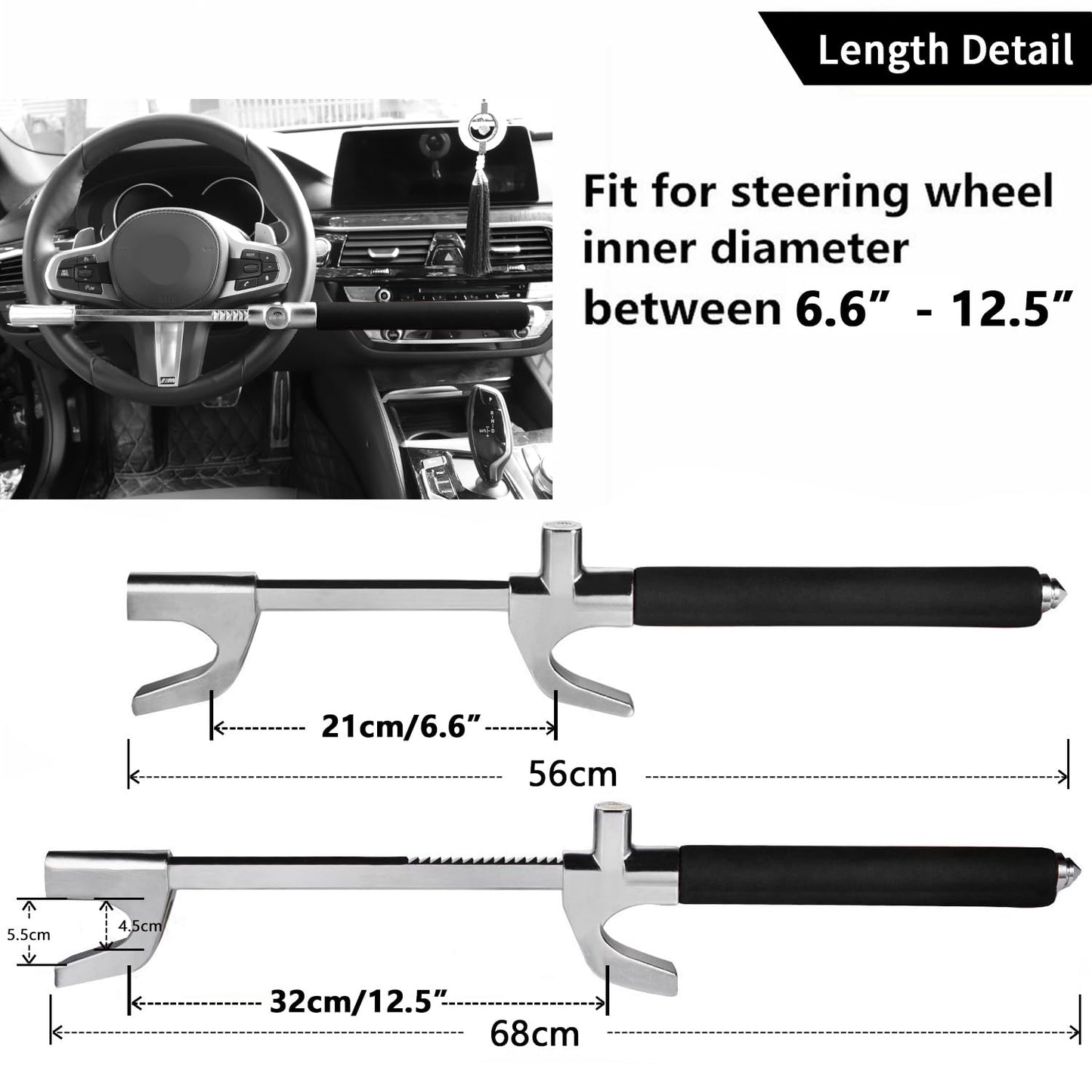 Tevlaphee Steering Wheel Lock for Cars,Wheel Lock,Vehicle Anti-Theft Lock,Adjustable Length Clamp Double Hook Universal Fit Emergency Hammer Window Breaker Self Defense Heavy Duty Secure (Black)