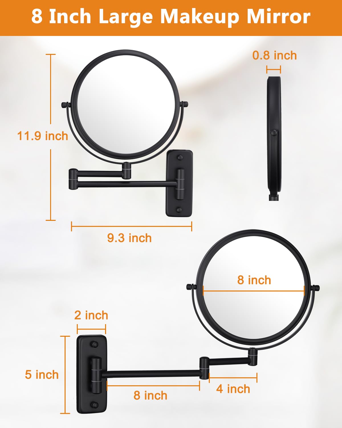 Wall Mounted Makeup Mirror - 1X/10X Magnifying Mirror for Wall, 8 Inch Double Sided 360° Swivel Extendable Bathroom Mirror for Shaving, Black DECLUTTR