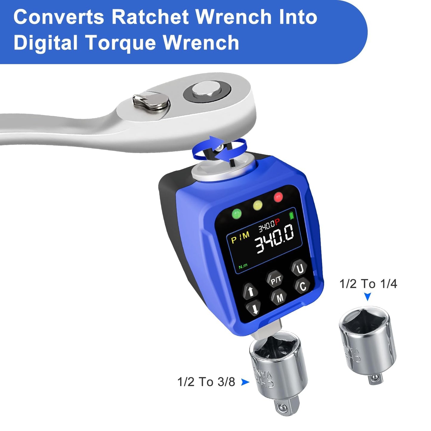 PUIBERS 1/2" Drive Digital Torque Wrench Adapter- 12.5-250.7 Ft-lb / 17-340 Nm, Digital Torque Adapter ±2% Accuracy, Colour LCD Display, 1/4” & 3/8” Adapters for Car & Motorcycle Maintenance