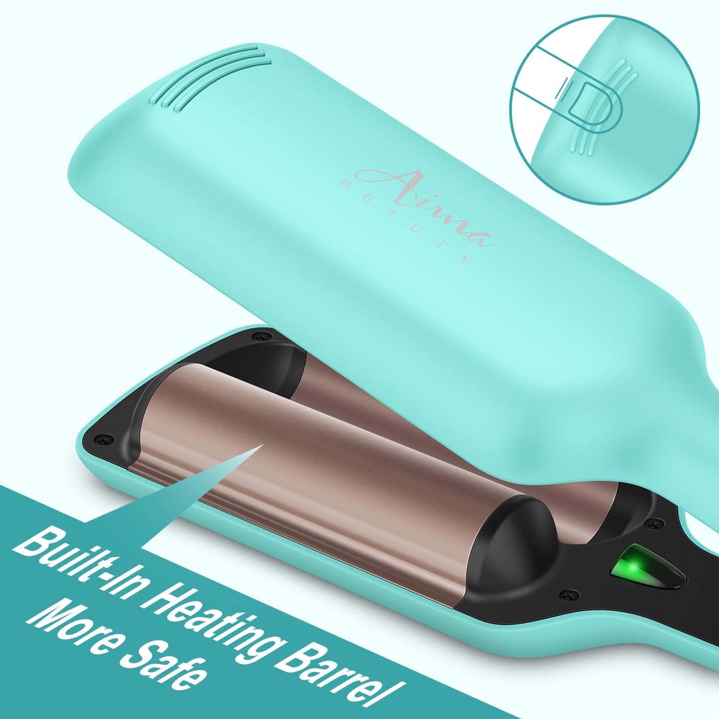 32mm (1.25") Aima Beauty Twins Mermaid Waves Hair Waver, Anti-Scald 2 Barrel Curling Iron, Hair Crimper, Ionic Care Wave Iron 15S Heats Up for Short/Medium/Long Hair Light Green