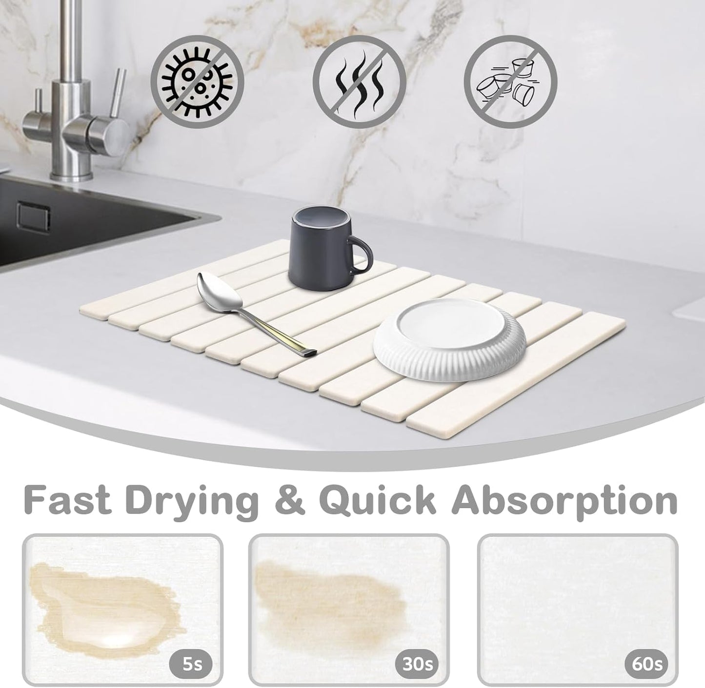 2 PCS Large Stone Dish Drying Mat for Kitchen Counter, 61"×41" CM Stone Drying Mat with 20"x 10"CM Coasters, Non - Slip Collapsible Absorbent Stone Dish Drying Mat for Multi - Purpose