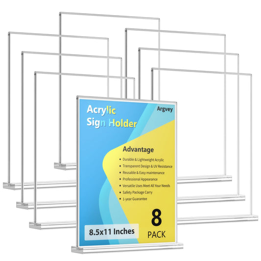 8 Pack Acrylic Sign Holder 8.5 x 11 Vertical, Clear T Shape Table Menu Display Stand, Multi-function Plastic Double-Sided Paper Picture Frames Flyer Document Holder for Displaying