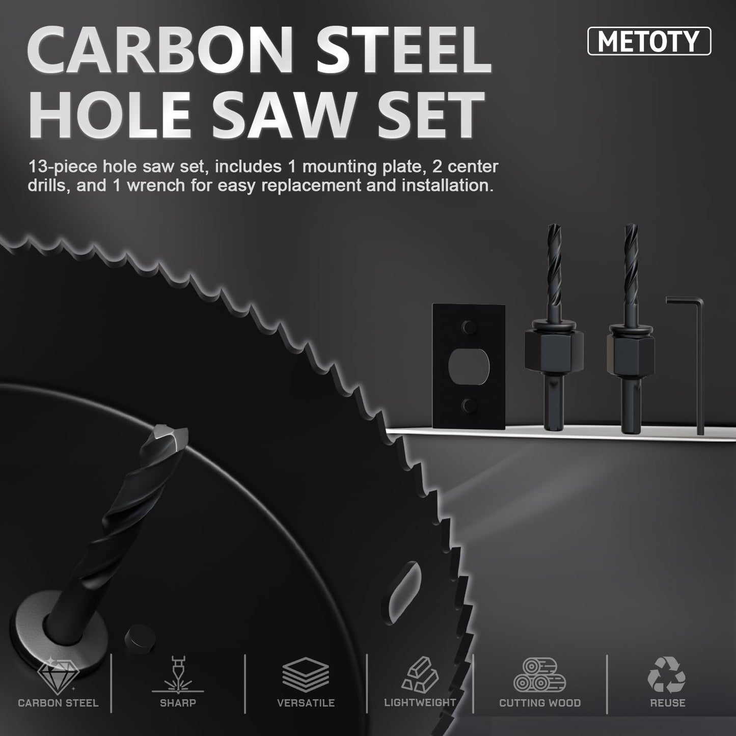 METOTY 17-Piece Hole Saw Set - High Carbon Steel 19-152mm（3/4" to 6"） Blades for Drywall, Soft Wood, Plastic, PVC