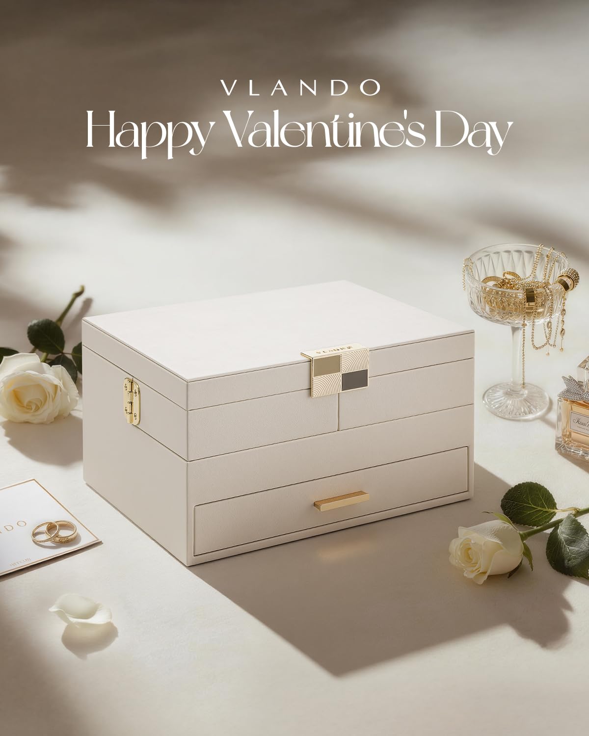 Vlando Jewelry Boxes for Women,3 Layers Jewelry box Organizer With Expandable and Removable Tray,Jewelry Organizer Box for Earring,Ring,Necklace,Bracelets,Beige