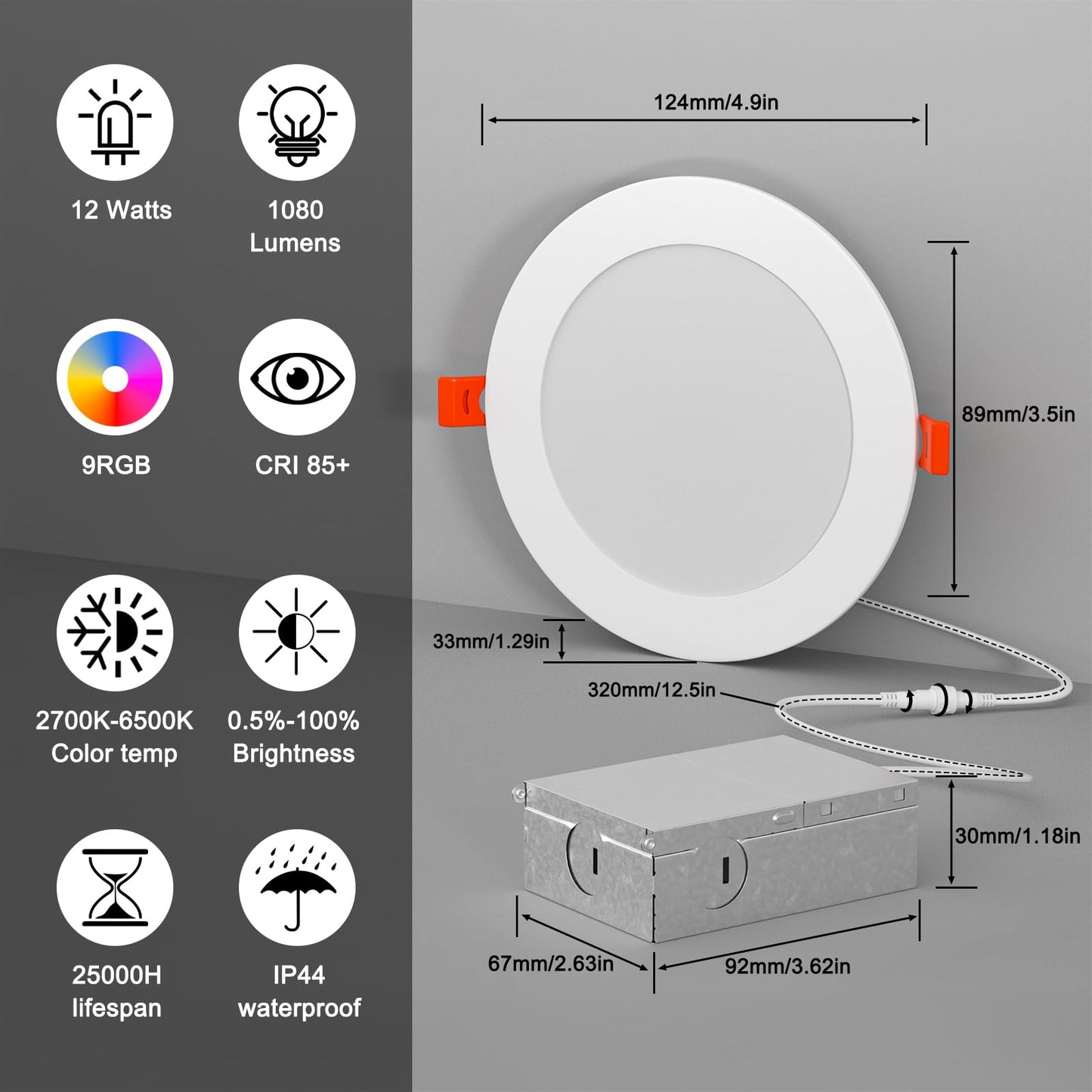 Recessed Lighting 4 Inch RGBCW Color Changing 12W LED Downlights with Junction Box,1080Lumens Recessed Ceiling Light,Dimmable by Remote Control,Dual Memory - Timer - 14 Color Choices - 3 Modes,6 Pack