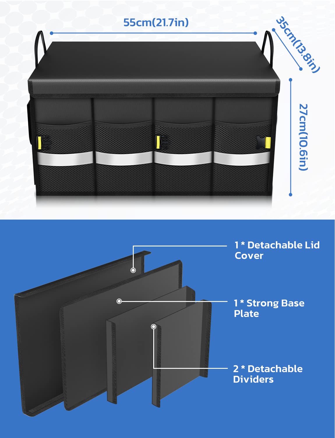 Oasser Car Trunk Organizer for SUV, Car Trunk Storage Organizer Collapsible Multi-compartments Cargo Storage Box with Foldable Cover, Reflective Strip, Non Slip Bottom E3A Black