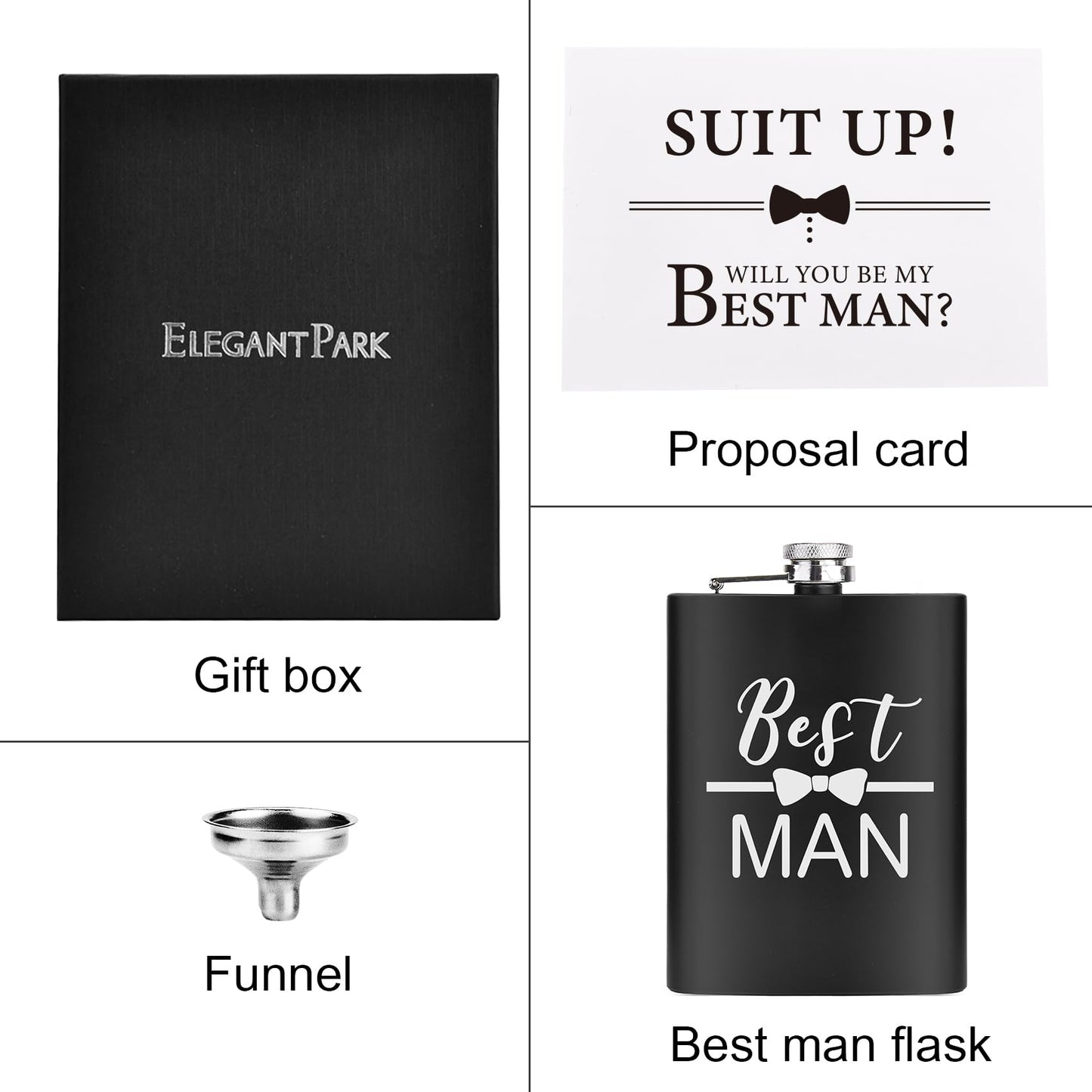 ELEGANTPARK Groomsmen Gifts Set of 6 Best Man Groom Flask Groomsmen Proposal Gift for Wedding Bachelor Party Favors Black Engraved Hip Flask Stainless Steel 8 oz