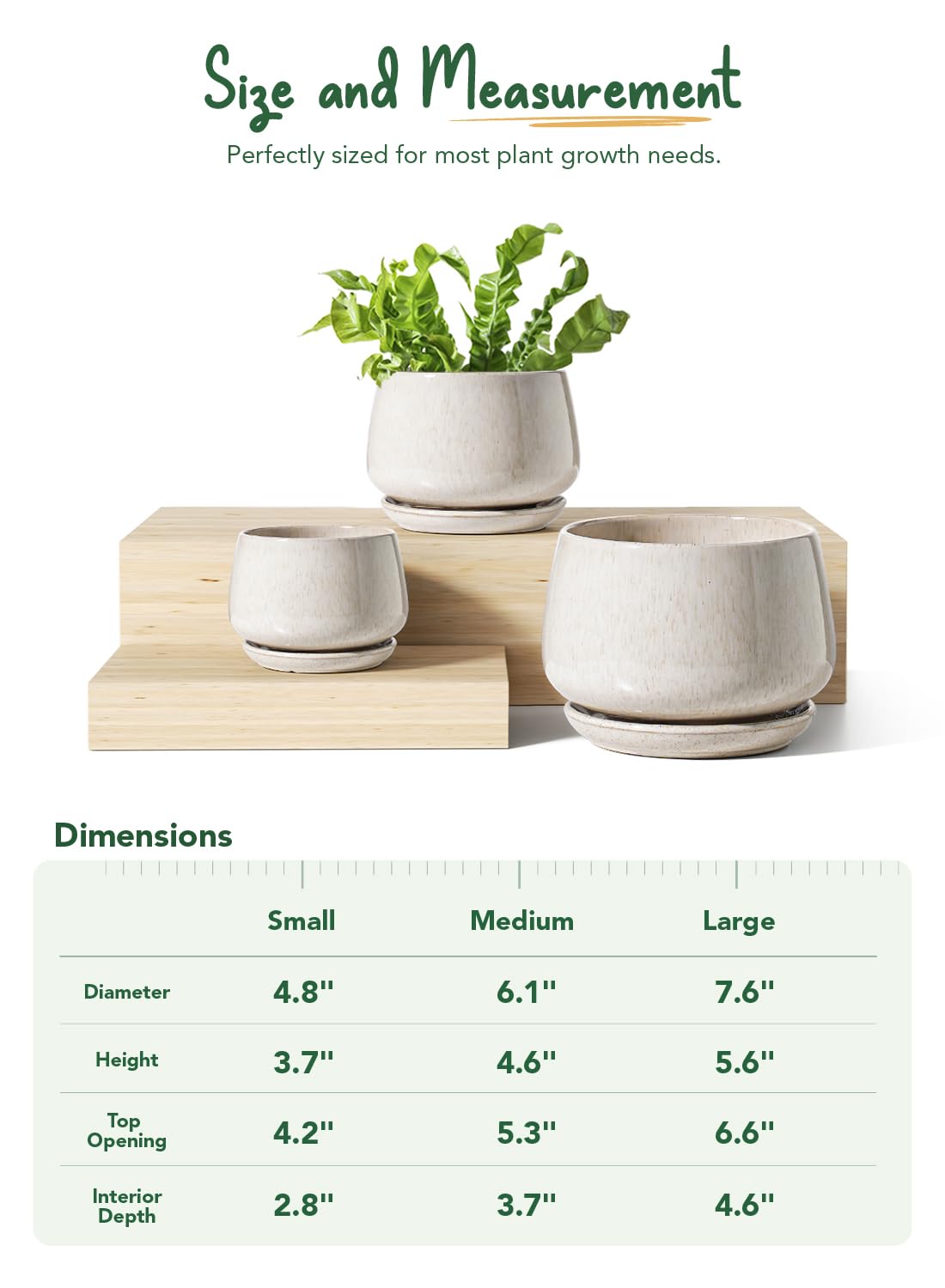 LE TAUCI Plant Pots for Indoor Plants, Set of 3, 4+5+6.5 Inch Ceramic Plant Pots with Drainage Hole & Saucer, Indoor Flower Pot with Mesh Pad, Pot Plante Interieur, Reactive Glaze Beige