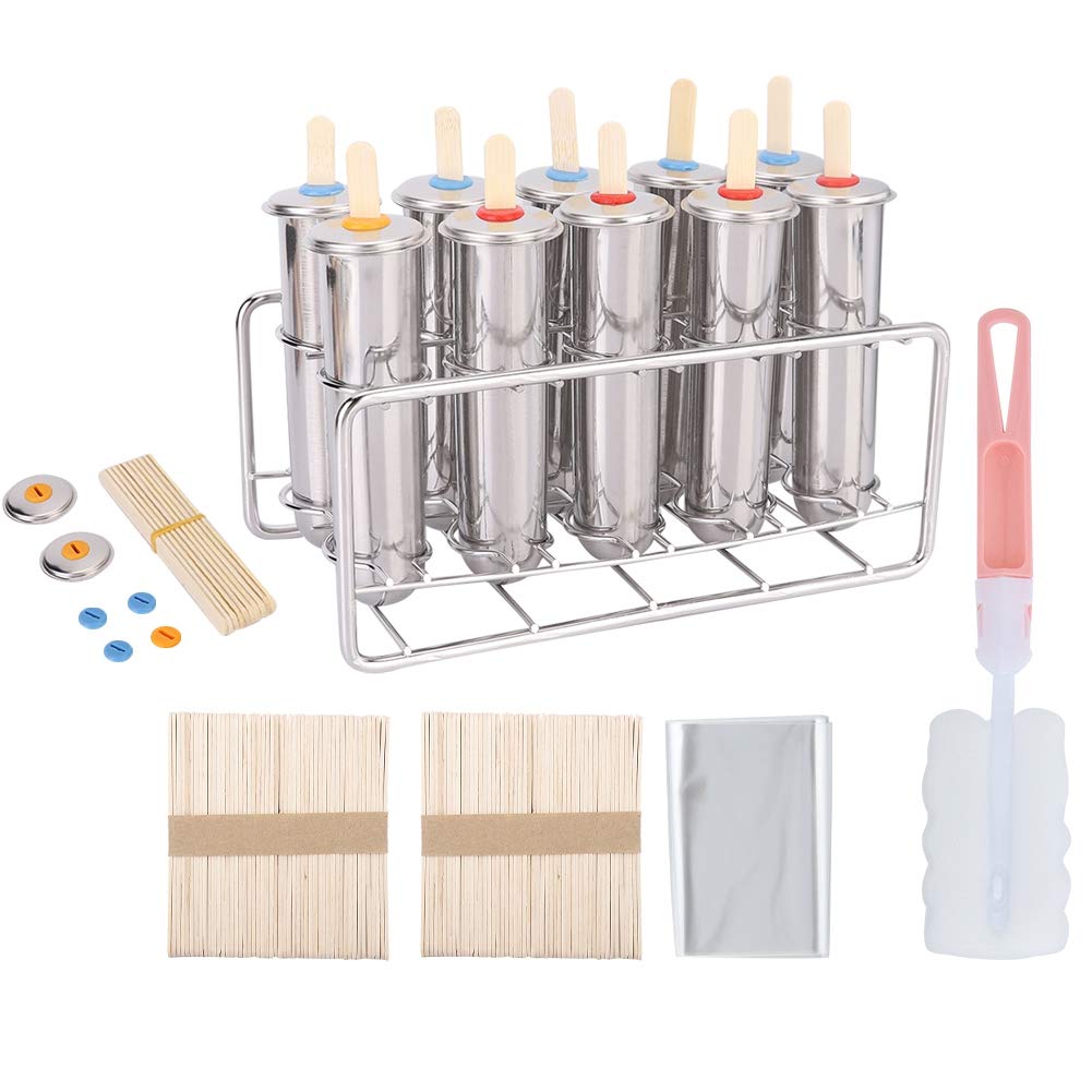 Sunicon Popsicle Mold, 10Pcs Stainless Steel Popsicle Molds, Homemade Ice Lolly Molds with Holder, Reusable Round Head Fast Freezing Ice Treat Maker with Wooden Sticks and Bags for DIY Popsicle