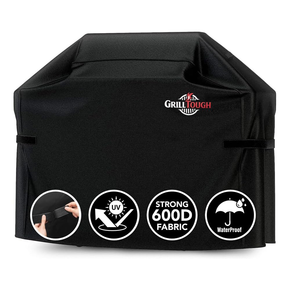 GrillTough Heavy Duty BBQ Grill Cover for Outdoor Grill, 58 Inch – Waterproof, Weather Resistant, UV & Fade Resistant with Fastening Straps – Gas Grill Cover for Weber, Genesis, Charbroil, etc. Black