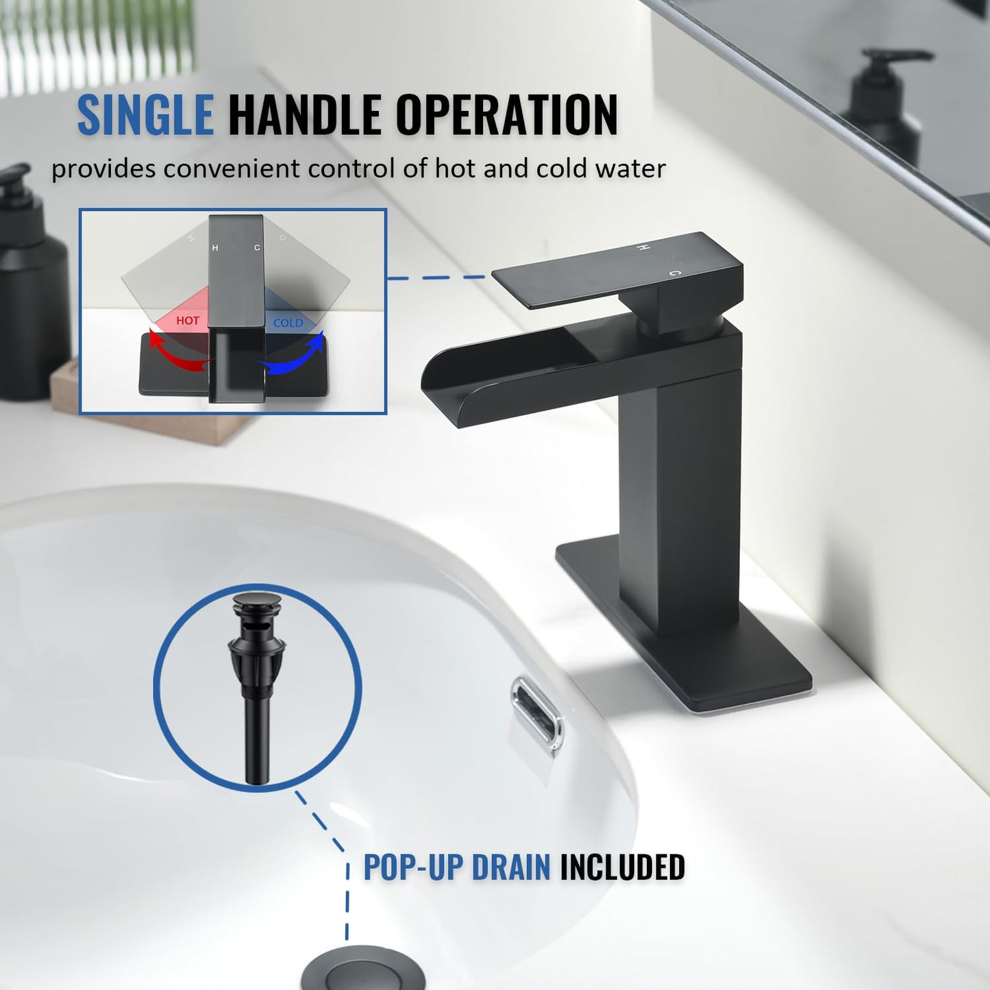 Matte Black Waterfall Bathroom Faucet, Single Handle Stainless Steel Bathroom Sink Faucet for 1 or 3 Hole, Rv Vanity Camper Farmhouse Lavatory Faucets with Pop-up Drain and Deck Plate, KMBF014B