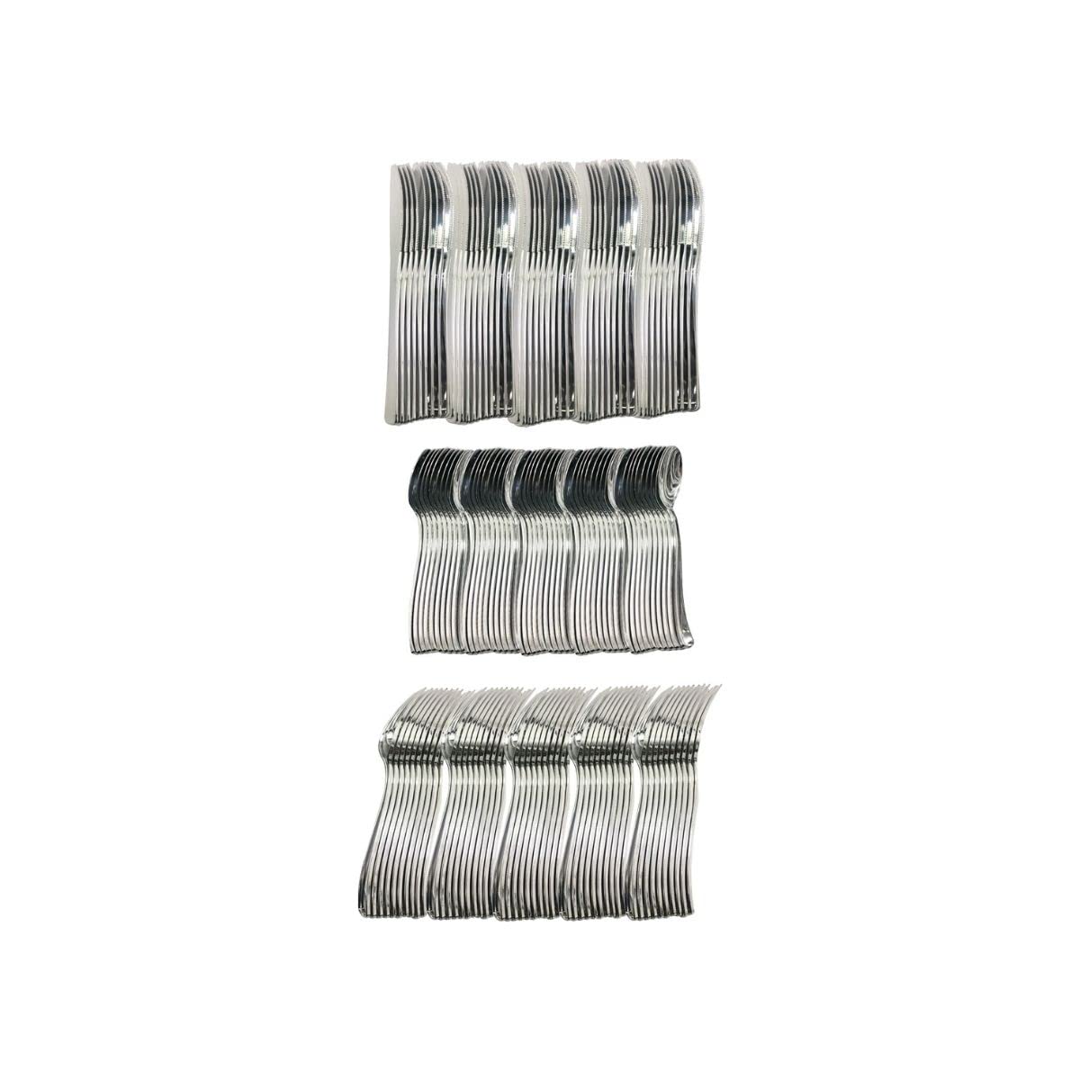 M Honor 50 Place Silver Plastic Silverware for Weddings, Parties, Dinners. 150 Piece Set, Service for 50. Reusable Silverware Sets. Forks, Knives and Spoons