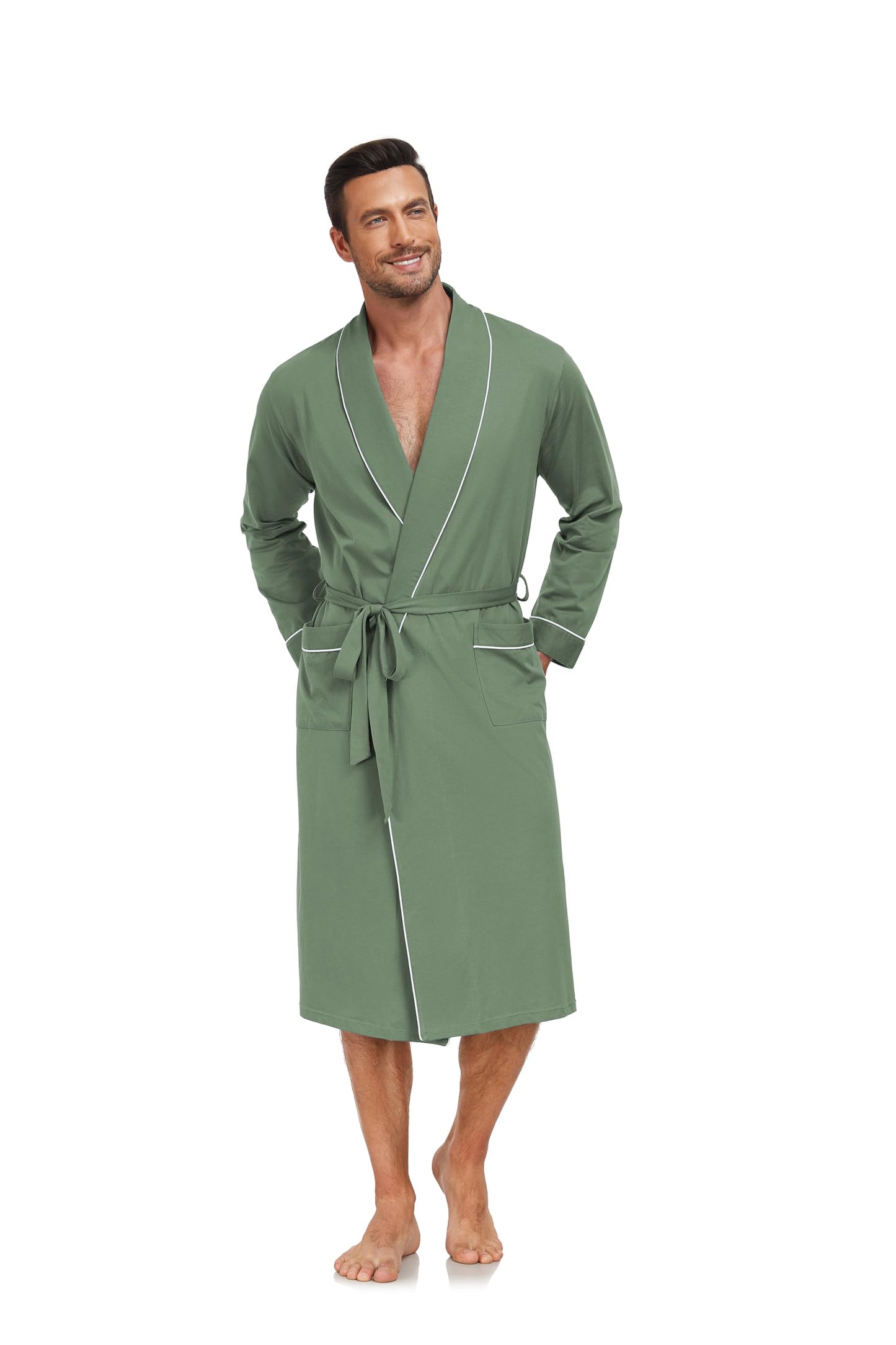 COLORFULLEAF Mens 100% Cotton Robes Lightweight Summer Long Bathrobe Sleepwear Soft Knit Spa Robe with Pockets, Army Green, Medium