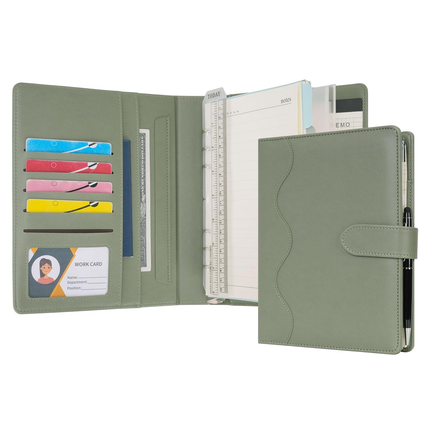 WASON A5 Leather PU Journal Notebook Refillable Paper, Removable Portfolio Ring Binder with Clipboard Writing Notepad and Pen for Travel Business School Organizer (Green)