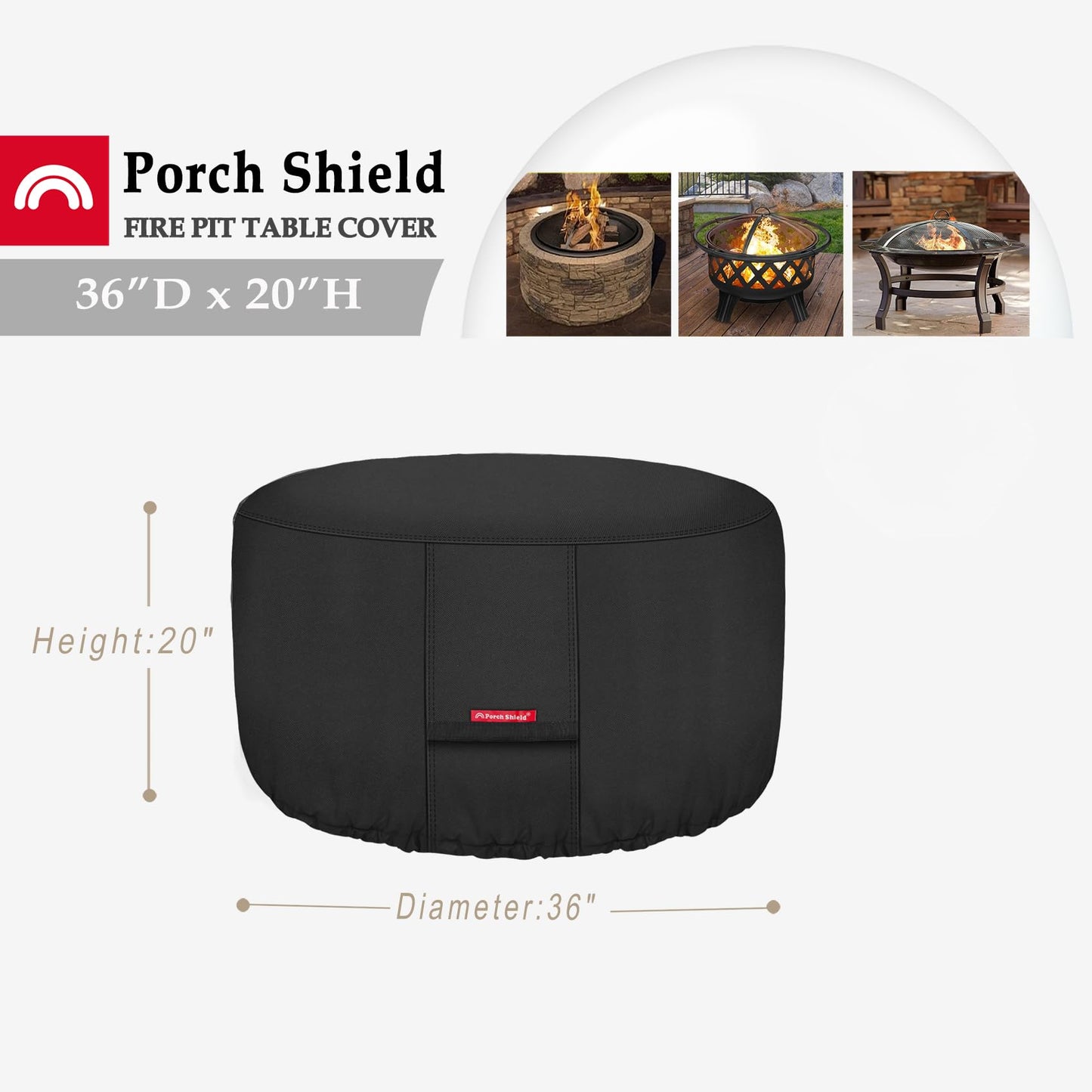 Porch Shield Fire Pit Cover - Waterproof 600D Heavy Duty Round Patio Fire Bowl Cover Black - 36 inch