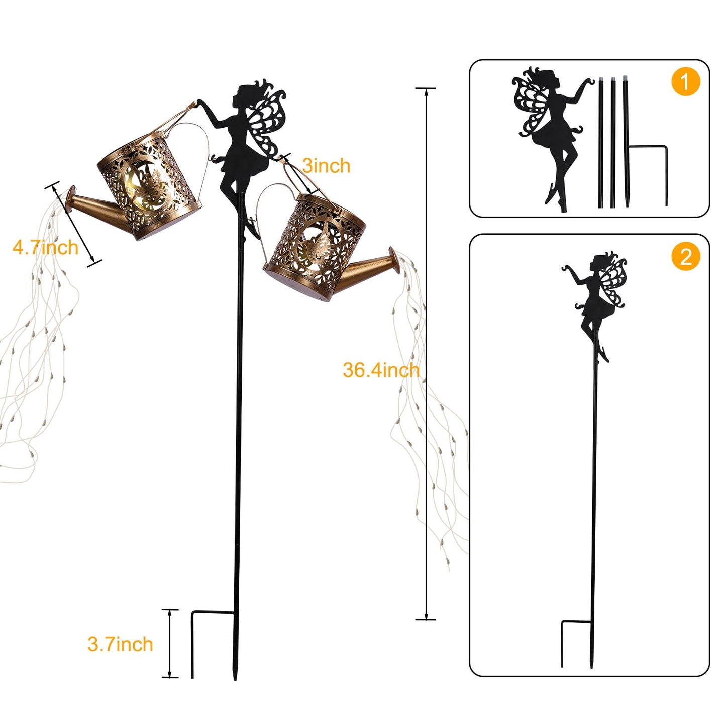 ZKLiLi Solar Fairy Hummingbird Watering Can Lights Outdoor, IP65 Waterproof Garden Decor with one Pole Two Light - Hanging Patio Lawn Pathway Gift for Backyard,Lawn,Patio
