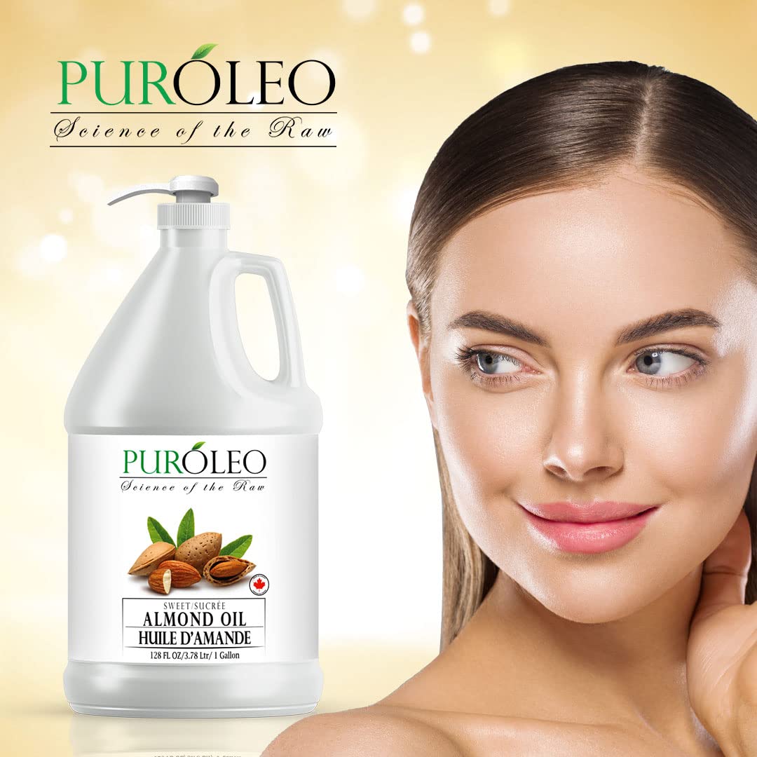 PUROLEO Sweet Almond Oil 128 Fl Oz/3784 ML (Packed In Canada) Pure Almond Oil for Skin, Hair, & Body | Organic Carrier Oil & Body Oils For Women | Almond Butter Hair Oil, Body Oil, Baby Oil, Massage Oil huiles essentielles Amande Douce Huile Massage