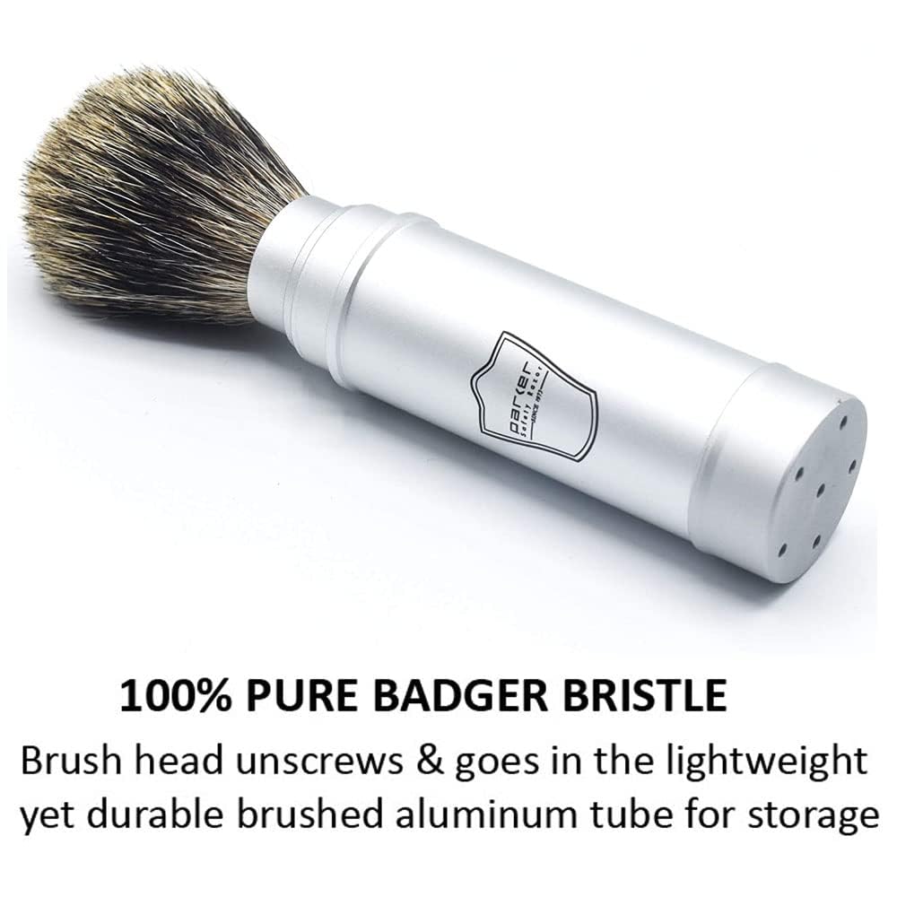 Parker Full Size Travel Shaving Brush with Pure Badger Bristles - Ingenious Design Stores the Brush Head in the Handle Making the Brush Compact for Travel