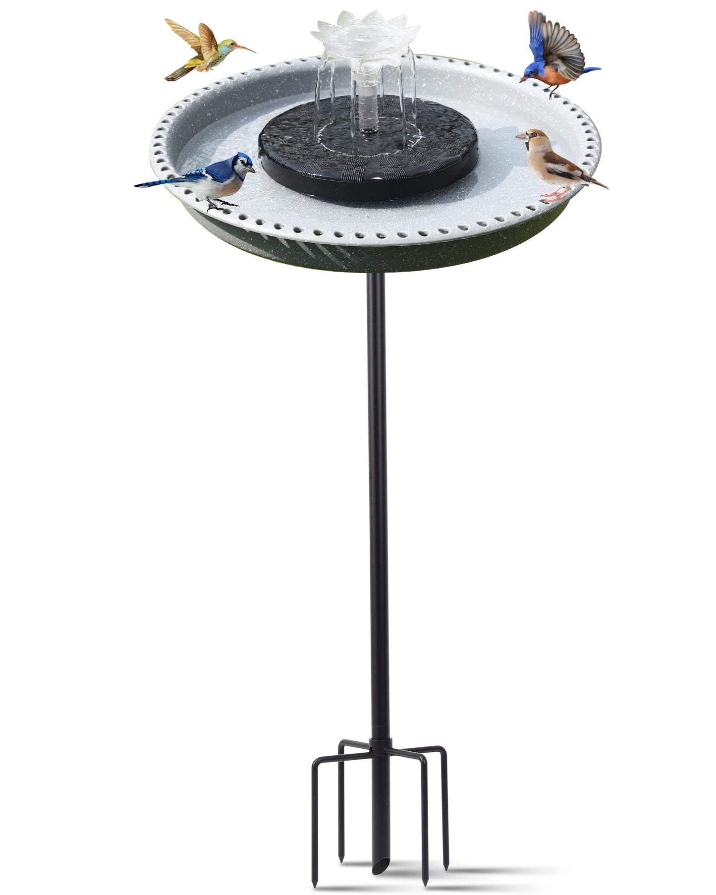 Feemiyo Solar Powered Bird Bath Fountains for Hummingbirds,Stable Stylish Design with 5-Prong Base Metal Stake Bird Baths Fountain for Lawn Patio Yard Garden (Grey)