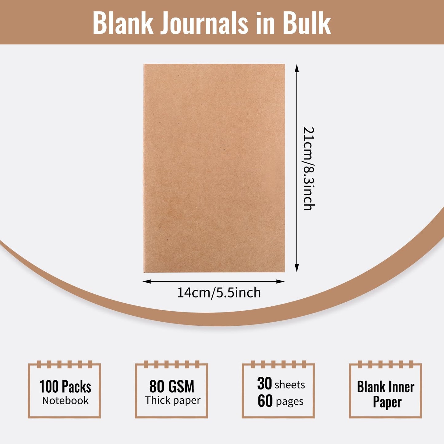 EOOUT 100pcs A5 Blank Kraft Notebooks, Journals in Bulk, Sketchbooks Bulk for Kids, 60 Pages, 80GSM, 8.3 X 5.5 Inch, Travel Journal Set, Travelers, Students and Office