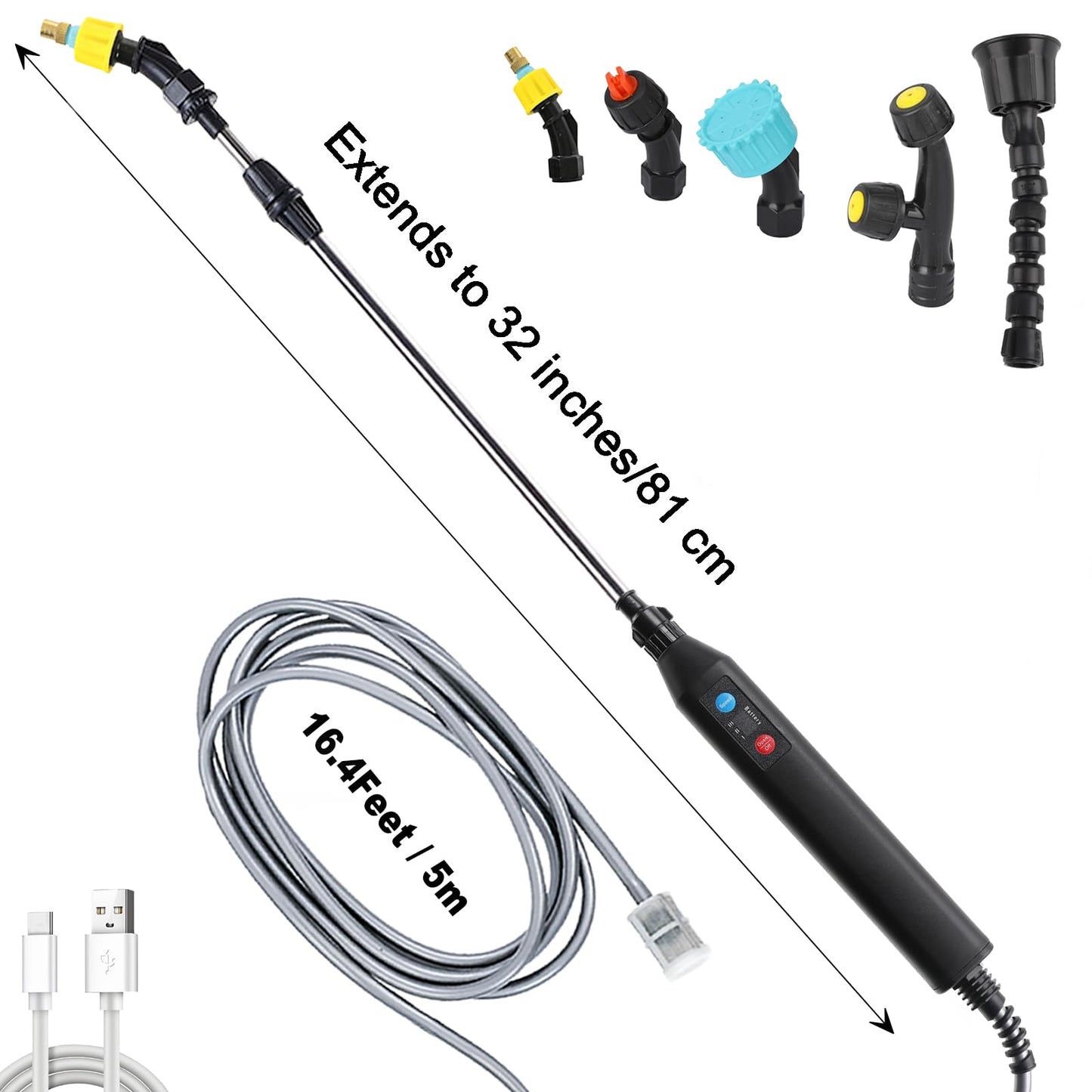 Battery Powered Spray Wand, Electric Sprayer with Power Display, 5 Nozzles and 16.4FT/5M Hoses, Power Display Handle, 32 Inch Telescopic Wand, Multipurpose Plant Sprayer for Yard Lawn Weed Plants