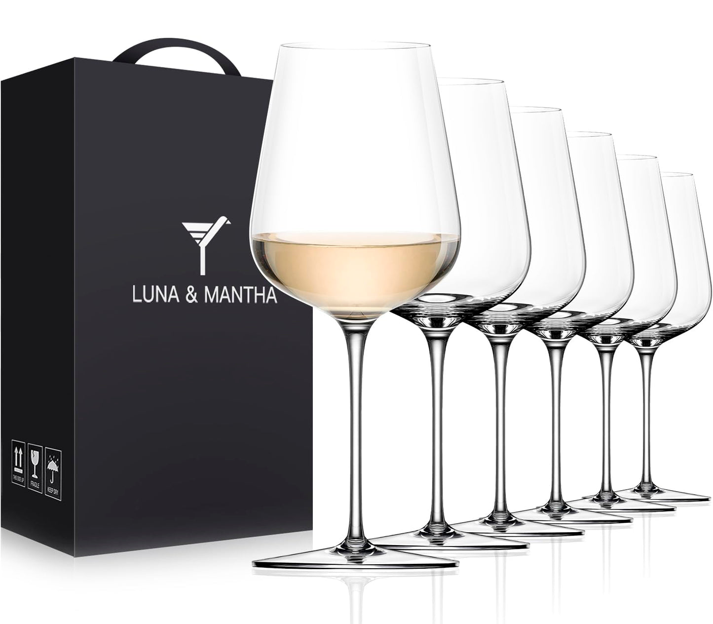 LUNA & MANTHA Wine Glasses Set of 6, Crystal White Wine Glasses with Long Stem, Hand Blown 14oz, Red White Gift Packaging for Daily Use, Wedding Anniversary or Birthday