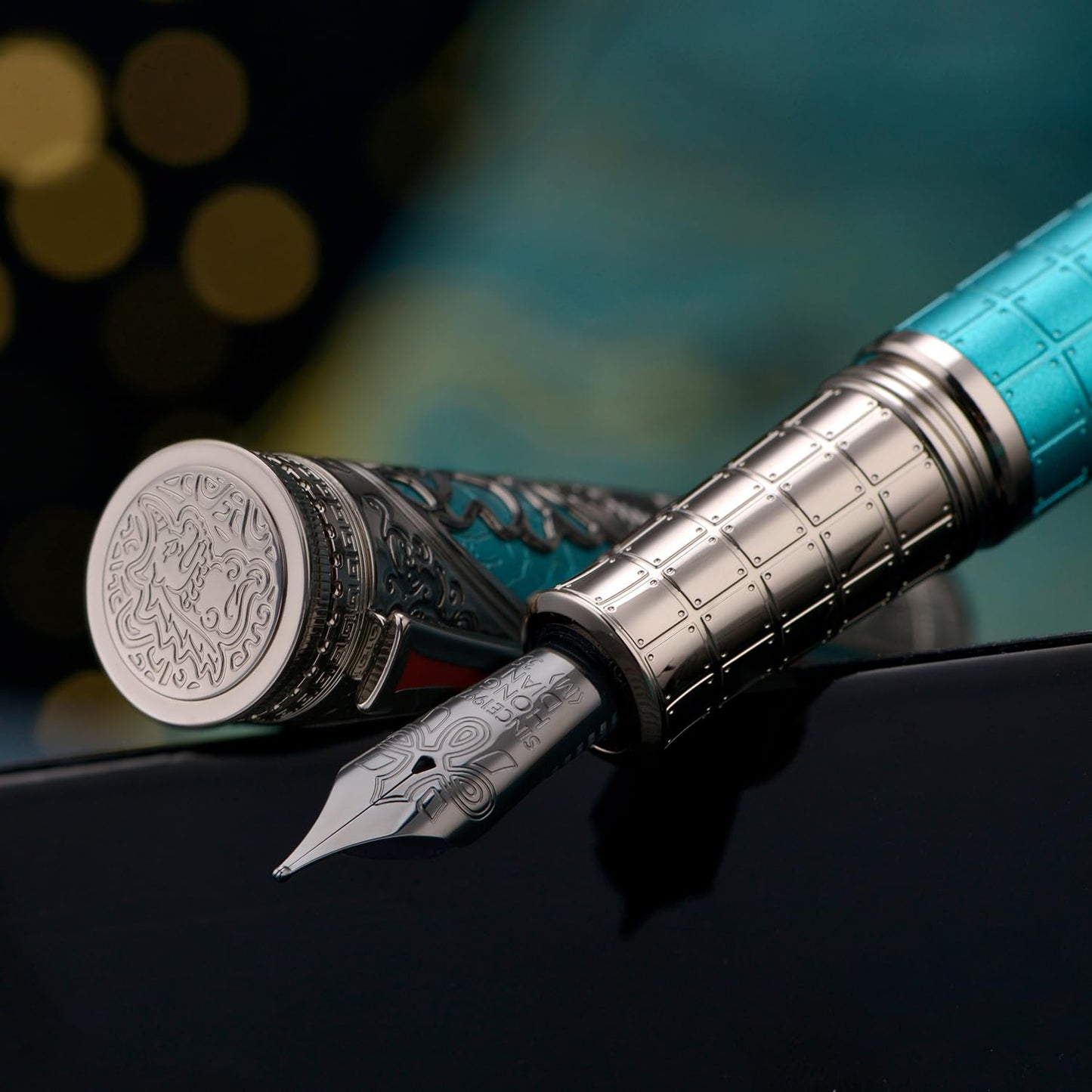 Hongdian D5X Fountain Pen Turquoise Color Medium Nib, Qin Dynasty Retro Chinese Totem Engraving Smooth Writing Pen with Converter and Pen Box Set