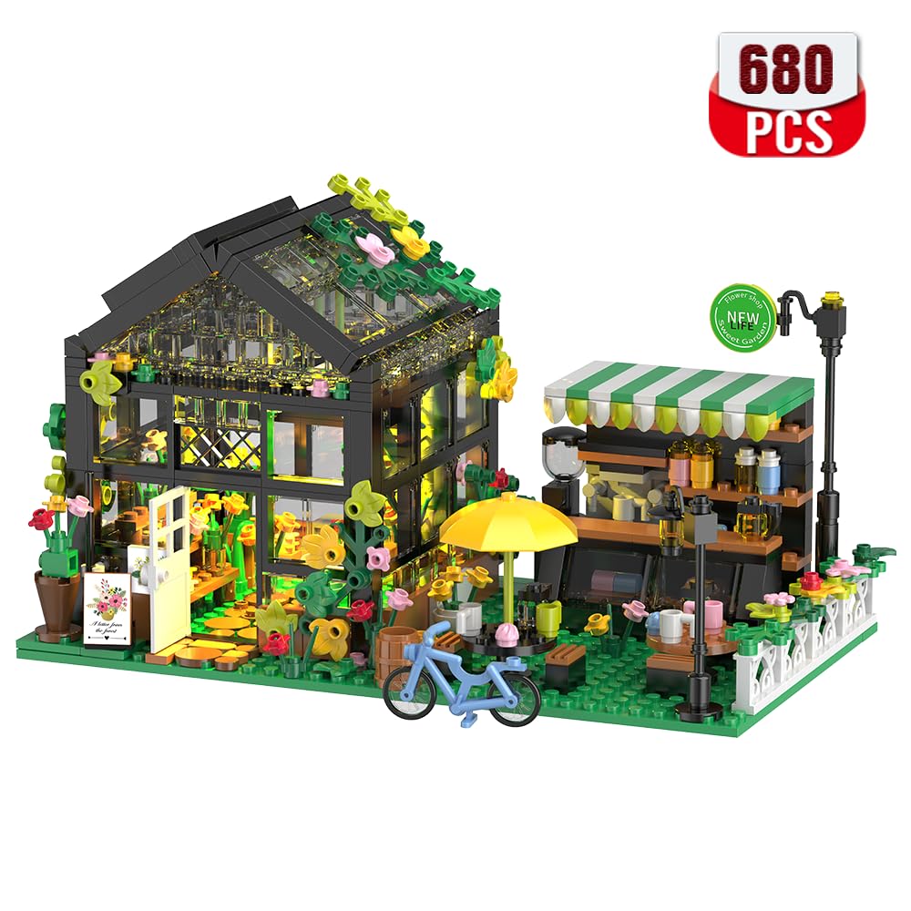 Flower House Building Set with LED, City Street House Flower Shop Building Blocks Toy, Gift for Girls 8-12 Year, Mini Brick 680pcs