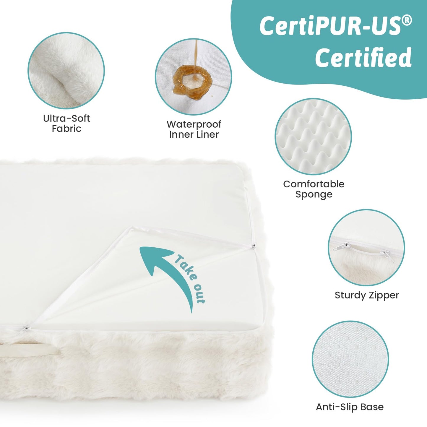COZY KISS Orthopedic Dog Bed for Large Size Dog, Soft and Warm Faux Fur Extra Large Sofa for Pet Up to 100 lbs, Foam Bolster Anti-Slip Couch with Washable Removable Cover, XL 44x32x7 inch, Beige