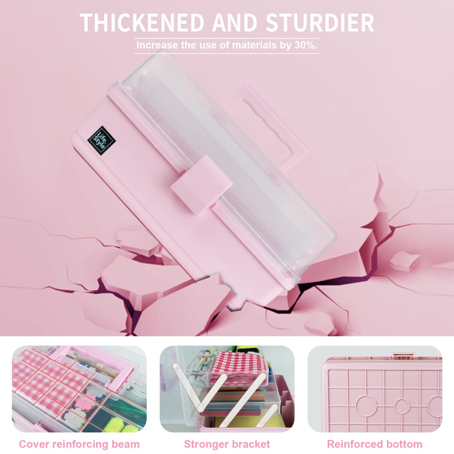 Creahaus 34cm Art Craft Organizer Storage Box with 3 Layers, Multifunctional Plastic Tool Box with Handle for Sewing, Makeup, Medicine, Nail, Hair Accessories (Pink)