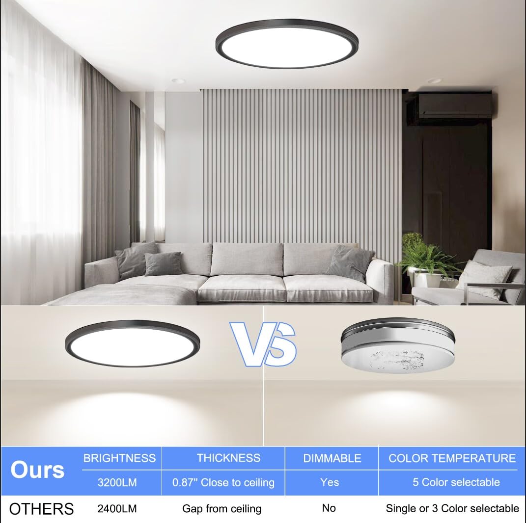 2 Pack 12 Inch LED Flush Mount Ceiling Light Fixture 28W 3200LM Dimmable 5 Color Temperature in One 3000K/3500K/4500K/5000K/6000K Slim Round Ceiling Lamp for Living Bedroom Kitchen Laundry Black