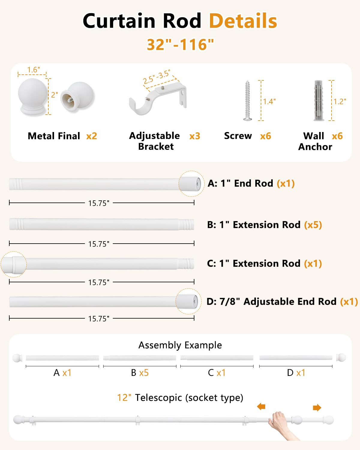 ASULUPHY Heavy Duty 1-Inch Curtain Rod, Adjustable Window Curtain Rods 32 to 116 Inches, Long Curtain Pole with Sturdy Thickened Brackets, Durable Drapery Rod for Bedroom, Living Room & Door-White