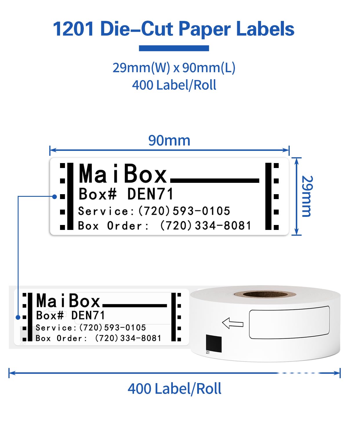 Greateam DK-1201 Standard Address Shipping Labels 29mm x 90mm(1.1" x 3.5") Die-Cut Papers Compatible with Brother QL 800 QL 810W 700 600 820NW Printer, 6 Rolls+1 Reusable Frame, 400 Labels/Roll