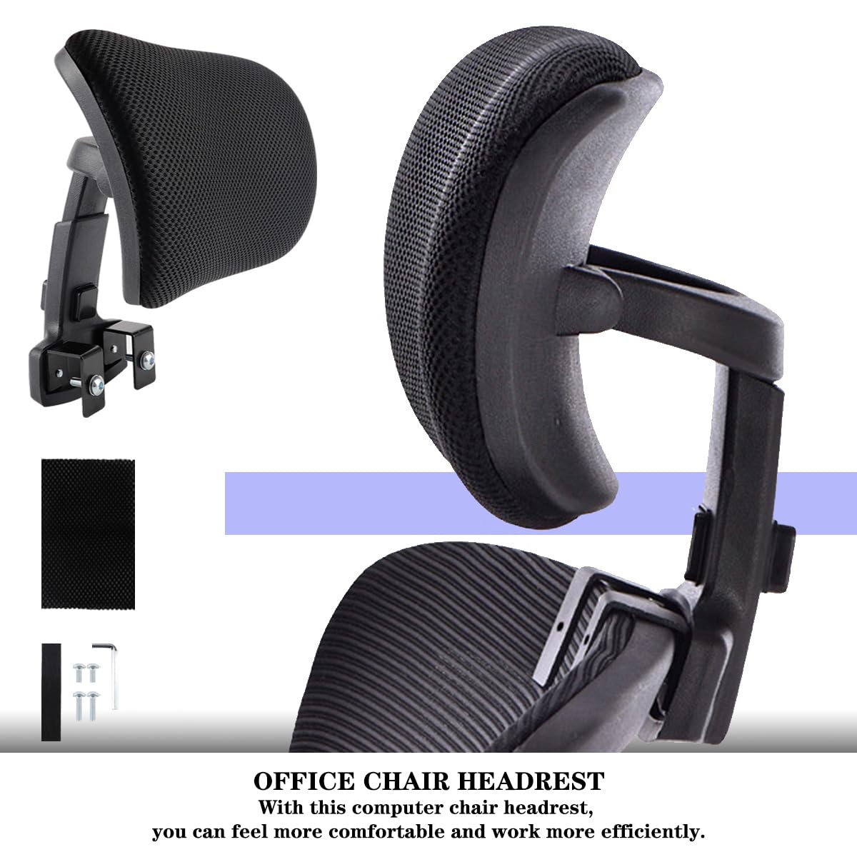 LNQ LUNIQI Office Chair Headrest Attachment Head Support Cushion Mesh Head Rest Black Mesh Frame Adjustable Height Angle for Ergonomic Office Chair（Black）