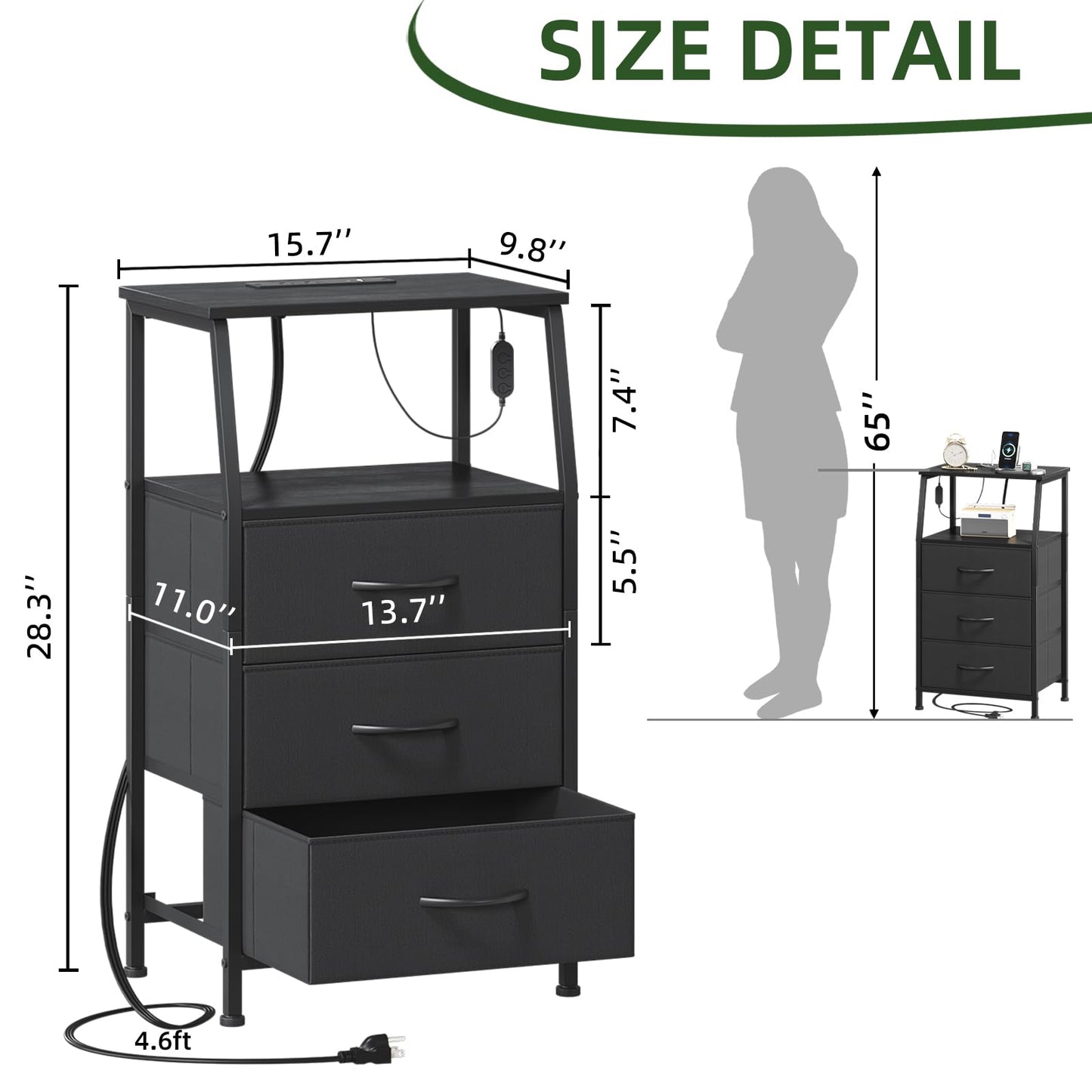 Somdot Nightstand with Charging Station and LED Light for Bedroom, Tall 3 Drawers Dresser with Fabric Bins for Bedside Dorm Kids Closet Laundry Entryway, Black