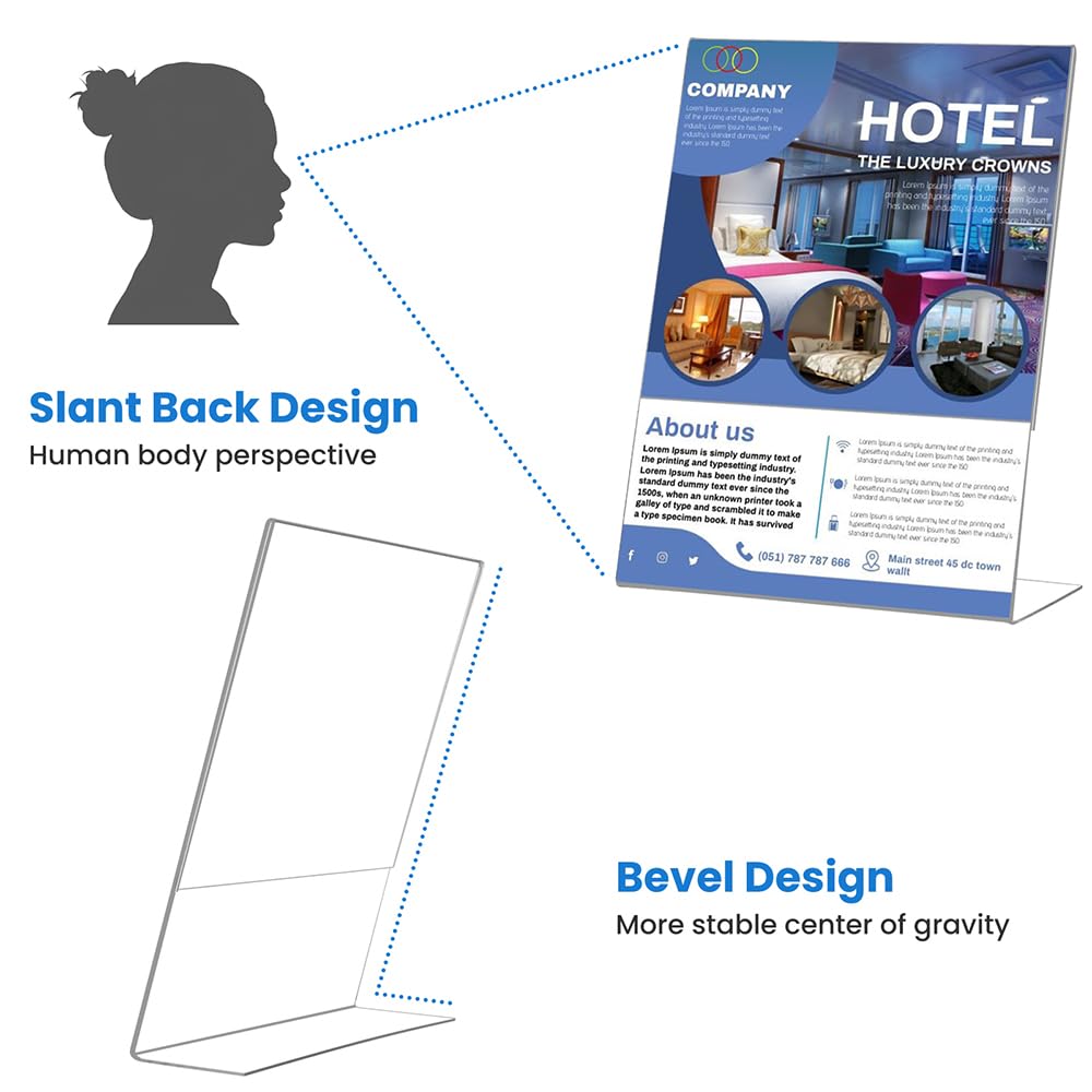 6 Pack Acrylic Sign Holder 8.5 x 11, Clear Plastic Display Stands for Tabletop, L-Shape Acrylic Stands for Flyers, Documents, Office, Restaurants, Vertical Sign Holder 8 x 11 for Desktop