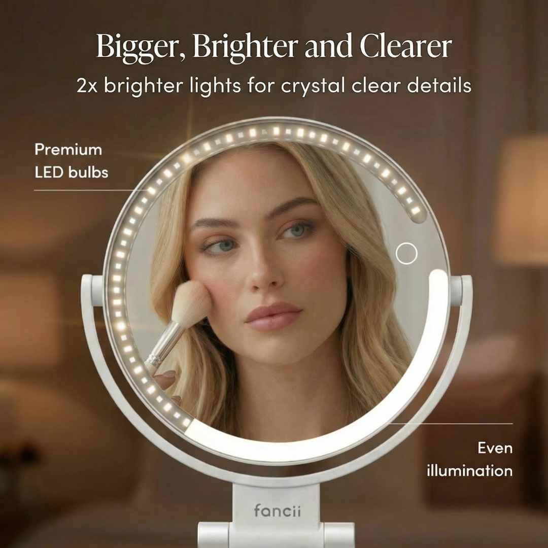 Fancii Travel Magnifying Mirror 10x /1x with Lights, Rechargeable | 9-Inch Extra Large LED Lighted Makeup Mirror, Folding Double Sided Portable Vanity Mirror, 3 Light Settings, Touch Sensor (Sadie)