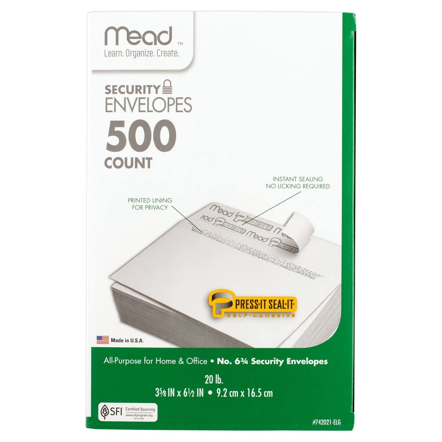 Mead #6-3/4 Envelopes, 3-5/8" x 6-1/2", Security Printed Lining for Privacy, Press-It Seal-It Self Adhesive Closure, White All-Purpose 20-lb Paper Mailing Envelopes, 500 Count (742021)