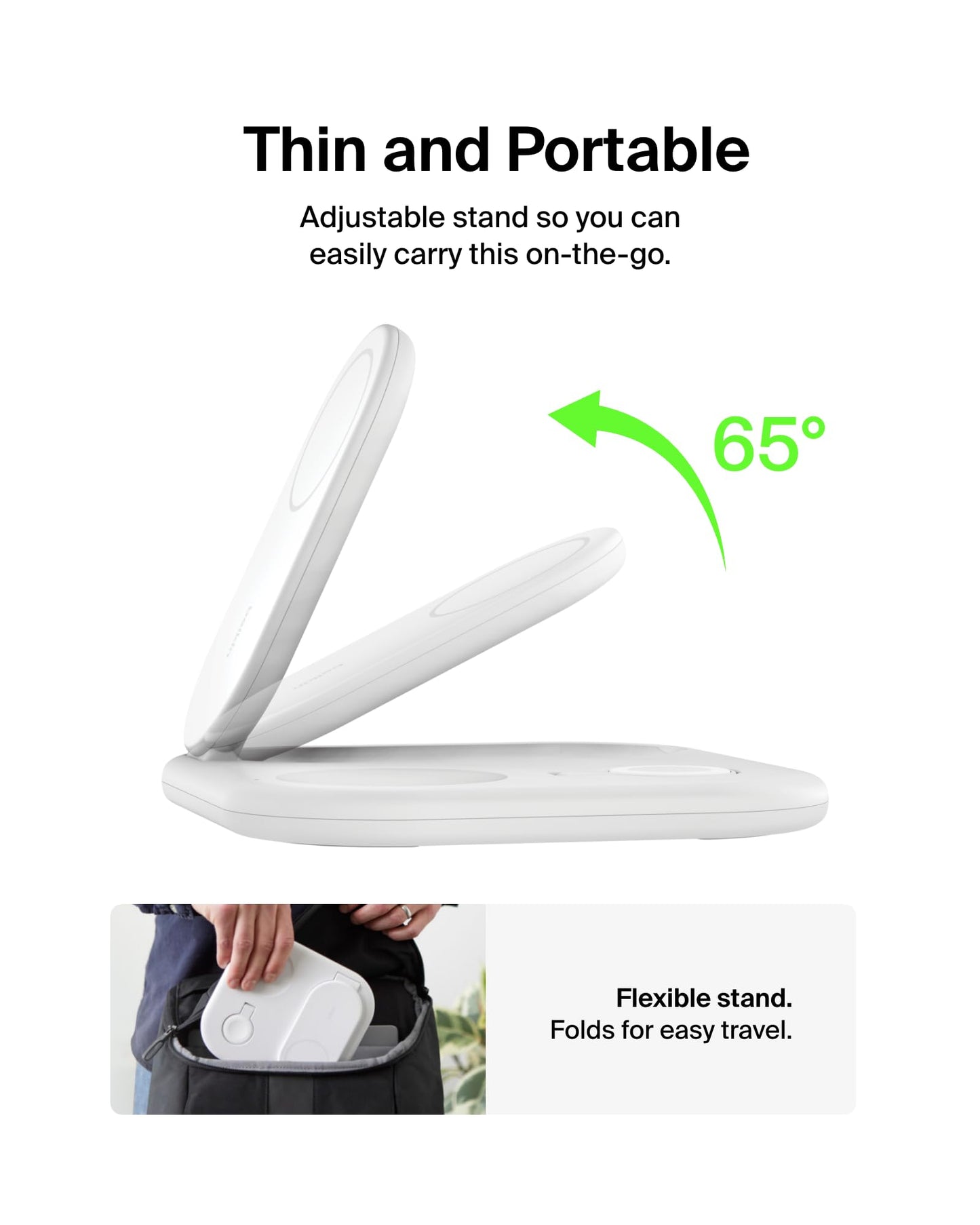 Belkin 3-in-1 MagSafe-Compatible iPhone Charger 15W, Foldable Magnetic Qi2-Certified Wireless Charging Station for iPhone 17, Apple Watch Series 10, AirPods 4, and More, w/Non-Slip Base & PSU - White