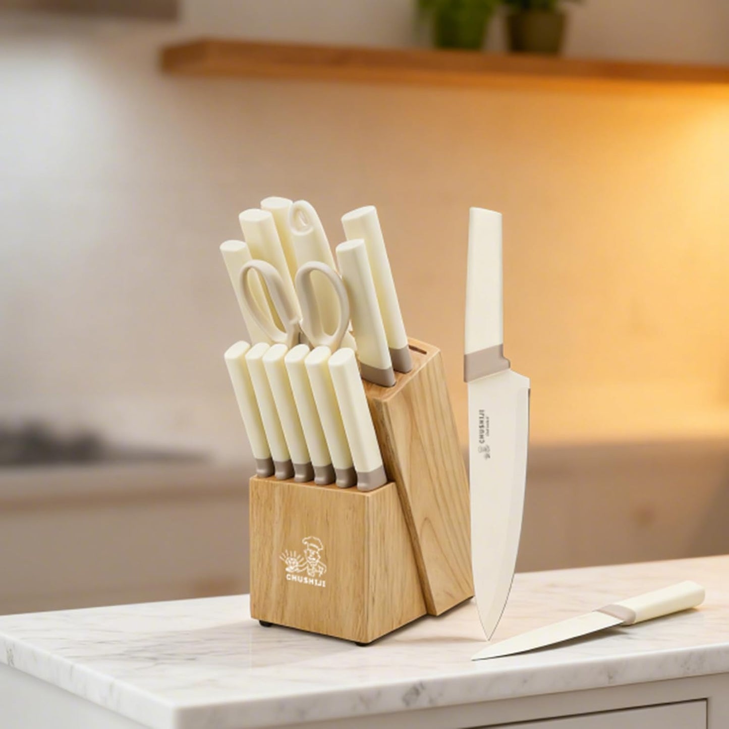 Knife Set, 15 Pieces Kitchen Knife Set with Block and Gift Sharpener, High Carbon Stainless Steel and Ergonomic Handle Knife Block Set