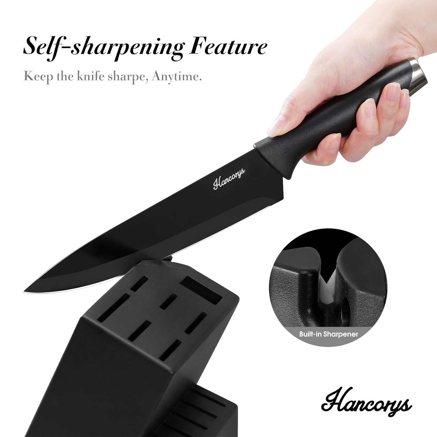 Hancorys Knife Sets for Kitchen with Block, 15 Pieces Chef Knife Set with Self Sharpening, Stainless Steel Nonstick Ceramic Anti-Rust Coating Blades, Ergonomic Handle, Black Grey