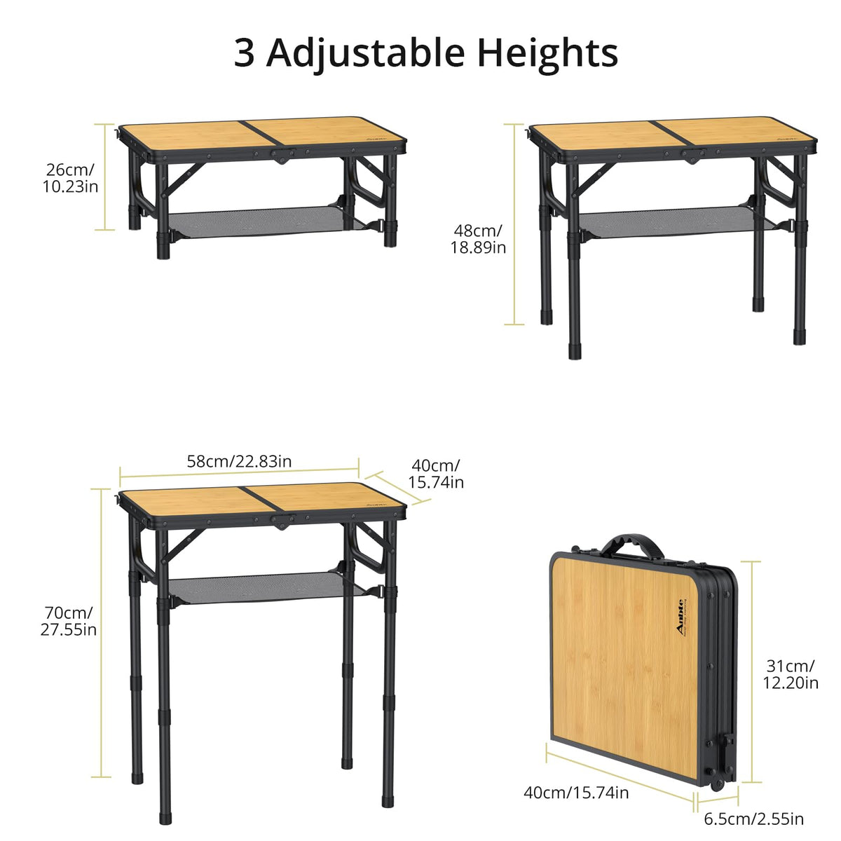 Anbte 2ft Folding Camping Table with Storage Net, 3 Adjustable Heights Aluminum Small Folding Table, Lightweight, Portable Handle, for Travel Outdoor Beach Camping Picnic, 23.2" x 16", Yellow