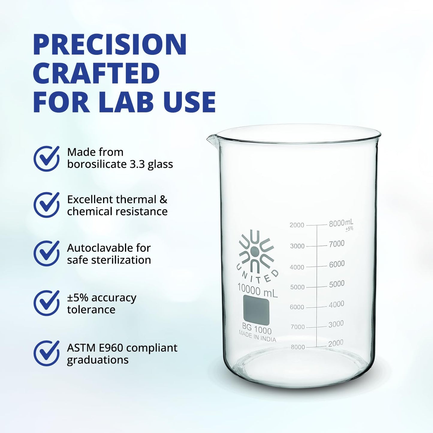 United Scientific BG1000-3000 Borosilicate Glass Low Form Beaker, 3000ml Capacity