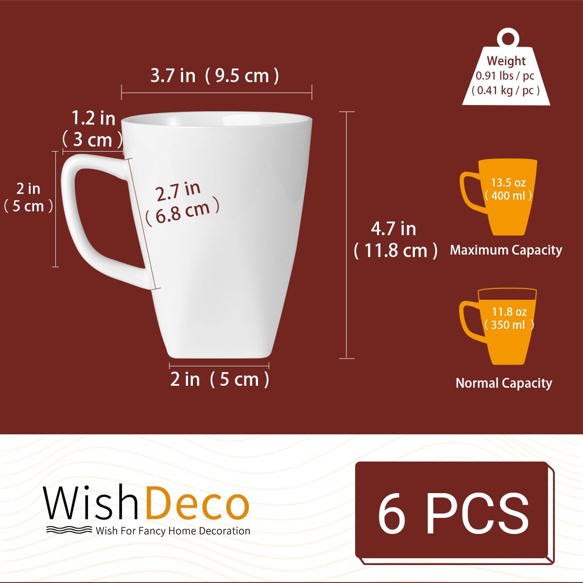 WishDeco White Coffee Mugs Set of 6, Ceramic Coffee Cups 14 oz / 400 ml, Modern Tea Mugs, Porcelain Tea Cups, Large Mug for Latte, Cappuccino, Milk, Juice, Square Bottom, Microwave and Dishwasher Safe