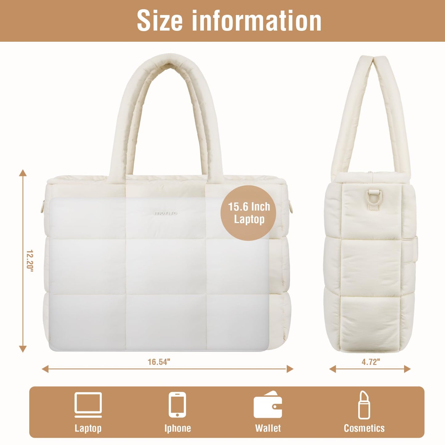 MOSISO Tote Bag for Women, Lightweight Puffy Tote Bag with Trolley Sleeve & Laptop Compartment, 15-16 inch Laptop Bags Large Capacity Quilted Handbag Shoulder Bags for Work Travel Gym Office, Beige