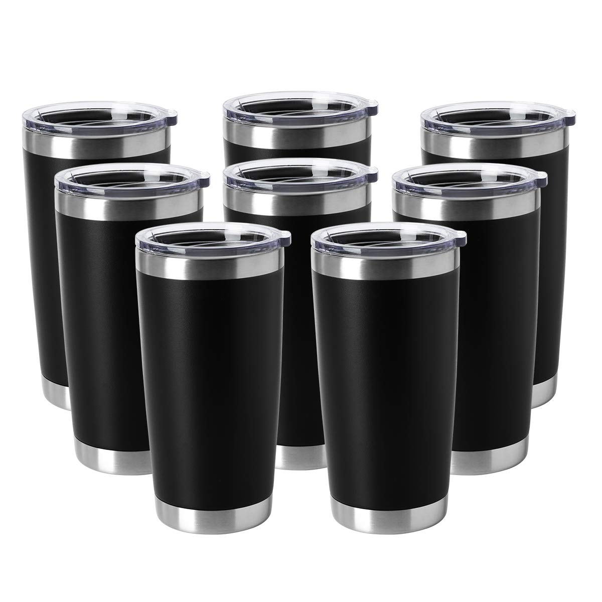 HASLE OUTFITTERS 20oz Tumblers Stainless Steel Mugs with Lid Double Wall Vacuum Insulated Coffee Cups for Cold & Hot Drinks (20oz-Black, 8 Pack)